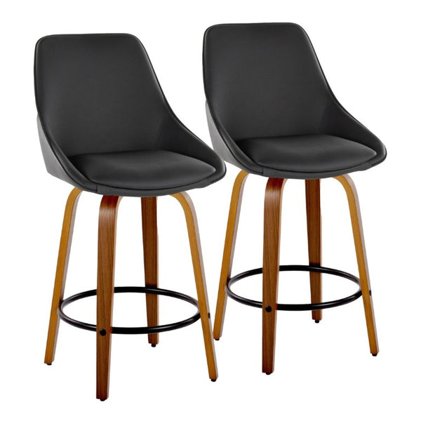 English Elm 26 Inch Swivel Counter Stools Set of 2 Walnut Bentwood Faux Leather Kitchen Island Seating Black B202S02230
