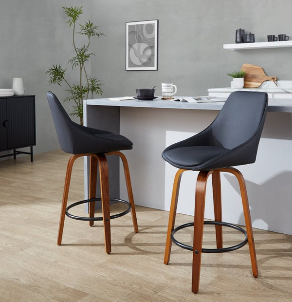 English Elm 26 Inch Swivel Counter Stools Set of 2 Walnut Bentwood Faux Leather Kitchen Island Seating Black B202S02230
