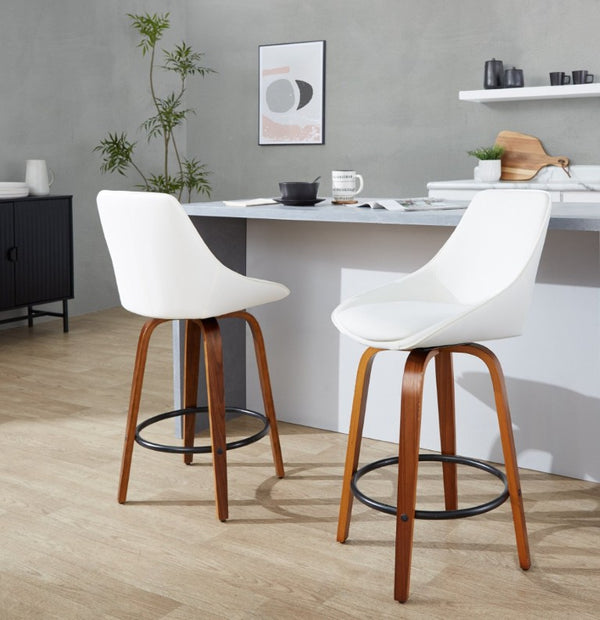 English Elm 26 Inch Swivel Counter Stools Set of 2 Walnut Bentwood Faux Leather Kitchen Island Seating White B202S02231