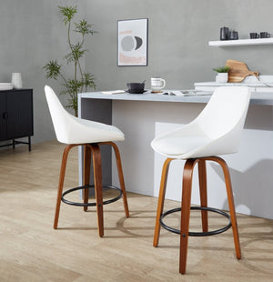 English Elm 26 Inch Swivel Counter Stools Set of 2 Walnut Bentwood Faux Leather Kitchen Island Seating White B202S02231