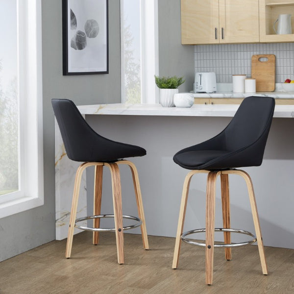 English Elm 26 Inch Zebra Wood Swivel Counter Stools with Faux Leather Seat and Chrome Footrest Set Black B202S02232