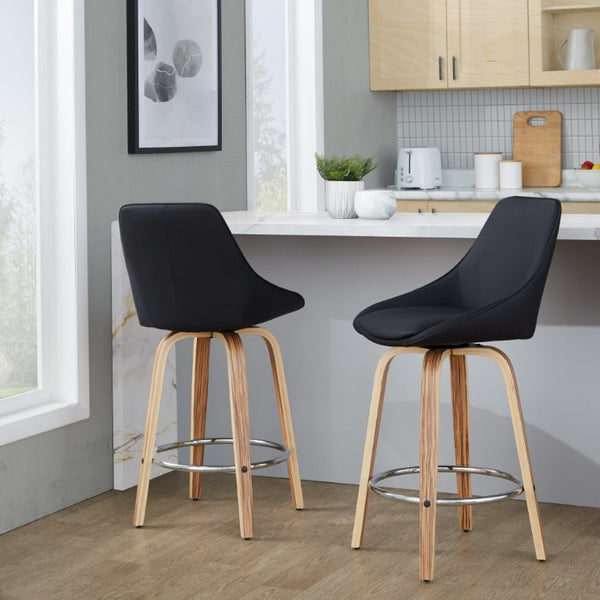 English Elm 26 Inch Zebra Wood Swivel Counter Stools with Faux Leather Seat and Chrome Footrest Set Black B202S02232