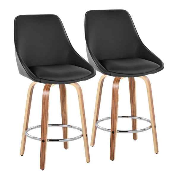 English Elm 26 Inch Zebra Wood Swivel Counter Stools with Faux Leather Seat and Chrome Footrest Set Black B202S02232