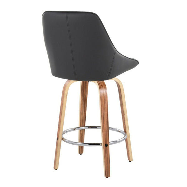 English Elm 26 Inch Zebra Wood Swivel Counter Stools with Faux Leather Seat and Chrome Footrest Set Black B202S02232