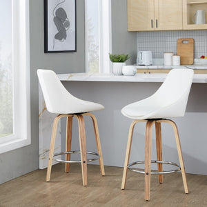 English Elm 26 Inch Zebra Wood Swivel Counter Stools with Faux Leather Seat and Chrome Footrest Set White B202S02233