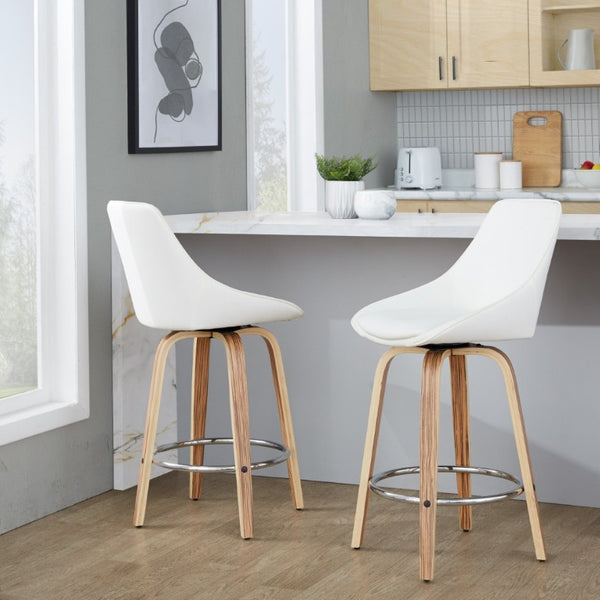 English Elm 26 Inch Zebra Wood Swivel Counter Stools with Faux Leather Seat and Chrome Footrest Set White B202S02233