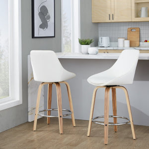 English Elm 26 Inch Zebra Wood Swivel Counter Stools with Faux Leather Seat and Chrome Footrest Set White B202S02233
