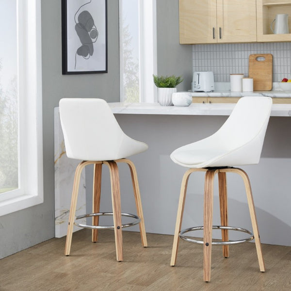 English Elm 26 Inch Zebra Wood Swivel Counter Stools with Faux Leather Seat and Chrome Footrest Set White B202S02233