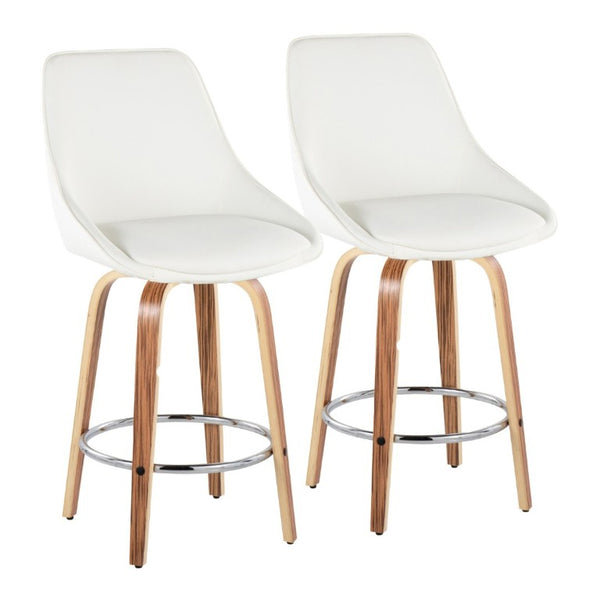 English Elm 26 Inch Zebra Wood Swivel Counter Stools with Faux Leather Seat and Chrome Footrest Set White B202S02233