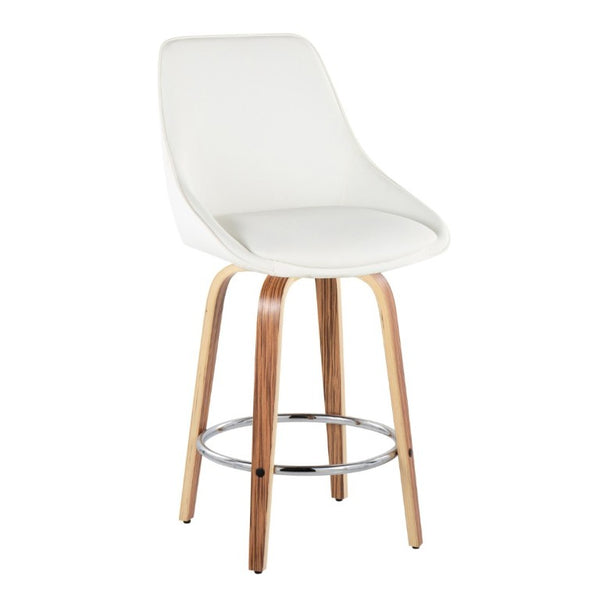 English Elm 26 Inch Zebra Wood Swivel Counter Stools with Faux Leather Seat and Chrome Footrest Set White B202S02233