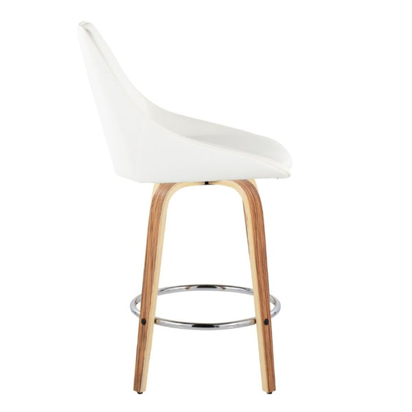 English Elm 26 Inch Zebra Wood Swivel Counter Stools with Faux Leather Seat and Chrome Footrest Set White B202S02233