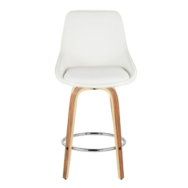 English Elm 26 Inch Zebra Wood Swivel Counter Stools with Faux Leather Seat and Chrome Footrest Set White B202S02233