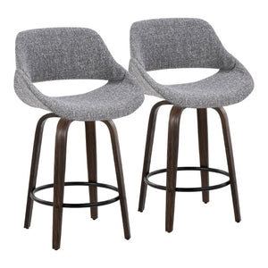 English Elm 26 Inch Mid-Century Swivel Barstools with Walnut Legs Grey Fabric Upholstery Set of 2 Walnut Glazed Wood B202S02234