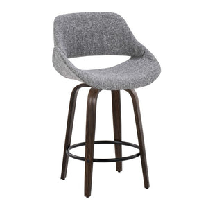 English Elm 26 Inch Mid-Century Swivel Barstools with Walnut Legs Grey Fabric Upholstery Set of 2 Walnut Glazed Wood B202S02234