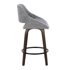 English Elm 26 Inch Mid-Century Swivel Barstools with Walnut Legs Grey Fabric Upholstery Set of 2 Walnut Glazed Wood B202S02234