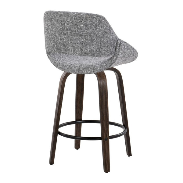 English Elm 26 Inch Mid-Century Swivel Barstools with Walnut Legs Grey Fabric Upholstery Set of 2 Walnut Glazed Wood B202S02234