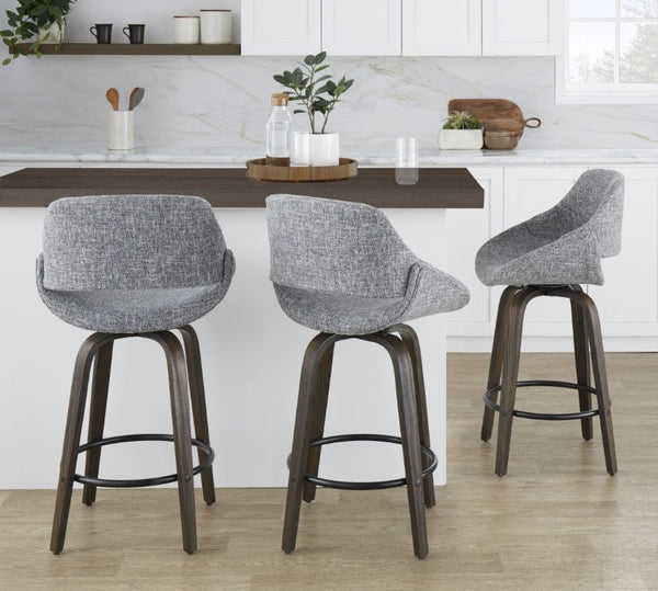English Elm 26 Inch Mid-Century Swivel Barstools with Walnut Legs Grey Fabric Upholstery Set of 2 Walnut Glazed Wood B202S02234