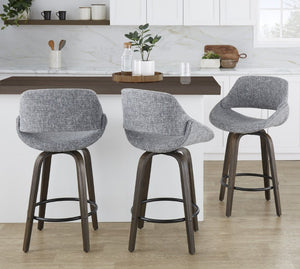 English Elm 26 Inch Mid-Century Swivel Barstools with Walnut Legs Grey Fabric Upholstery Set of 2 Walnut Glazed Wood B202S02234