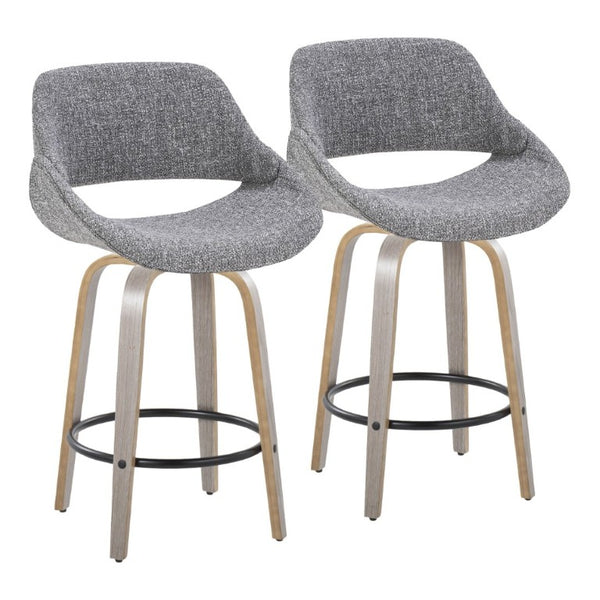 English Elm 26 Inch Mid-Century Swivel Barstools with Walnut Legs Grey Fabric Upholstery Set of 2 Light Grey Wood B202S02235
