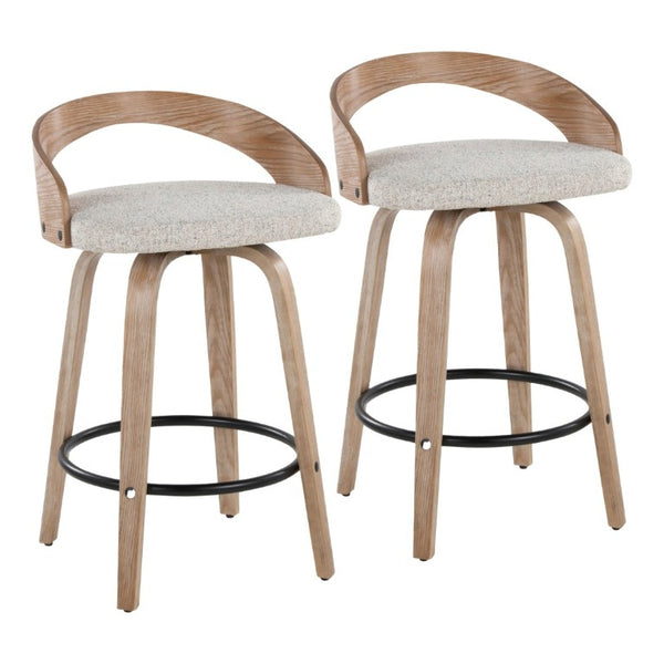 English Elm 26 Inch Swivel Counterstools with Whitewashed Legs Oat Upholstery and Black Footrest Set of 2 B202S02236