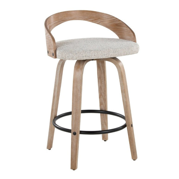 English Elm 26 Inch Swivel Counterstools with Whitewashed Legs Oat Upholstery and Black Footrest Set of 2 B202S02236