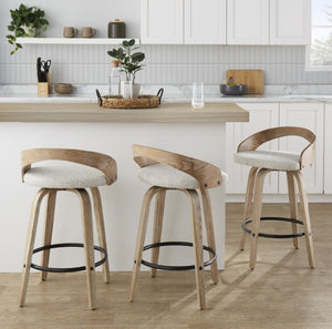 English Elm 26 Inch Swivel Counterstools with Whitewashed Legs Oat Upholstery and Black Footrest Set of 2 B202S02236