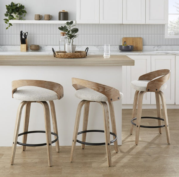 English Elm 26 Inch Swivel Counterstools with Whitewashed Legs Oat Upholstery and Black Footrest Set of 2 B202S02236