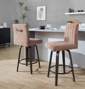 English Elm 26 Inch Swivel Counter Stools Set of 2 with Fabric Seat Bent Wood Legs Metal Ring Walnut Glazed Brown B202S02238