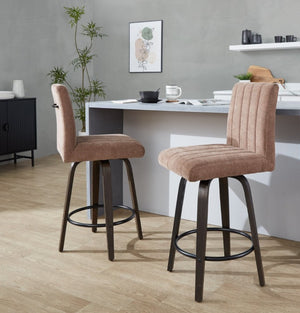 English Elm 26 Inch Swivel Counter Stools Set of 2 with Fabric Seat Bent Wood Legs Metal Ring Walnut Glazed Brown B202S02238