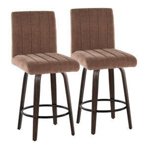 English Elm 26 Inch Swivel Counter Stools Set of 2 with Fabric Seat Bent Wood Legs Metal Ring Walnut Glazed Brown B202S02238