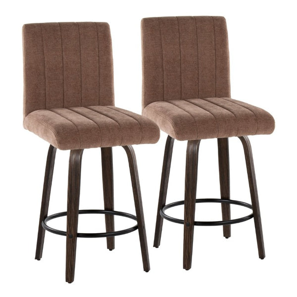 English Elm 26 Inch Swivel Counter Stools Set of 2 with Fabric Seat Bent Wood Legs Metal Ring Walnut Glazed Brown B202S02238