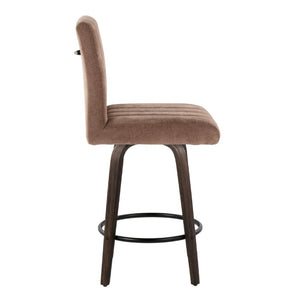 English Elm 26 Inch Swivel Counter Stools Set of 2 with Fabric Seat Bent Wood Legs Metal Ring Walnut Glazed Brown B202S02238