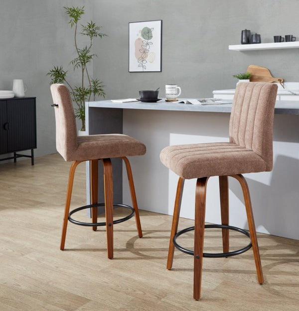 English Elm 26 Inch Swivel Counter Stools Set of 2 with Fabric Seat Bent Wood Legs Metal Ring Walnut Brown B202S02240