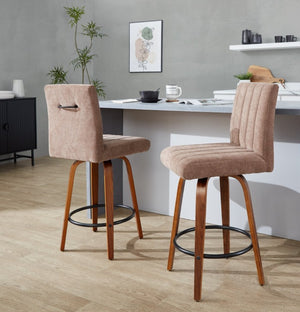 English Elm 26 Inch Swivel Counter Stools Set of 2 with Fabric Seat Bent Wood Legs Metal Ring Walnut Brown B202S02240