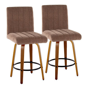 English Elm 26 Inch Swivel Counter Stools Set of 2 with Fabric Seat Bent Wood Legs Metal Ring Walnut Brown B202S02240