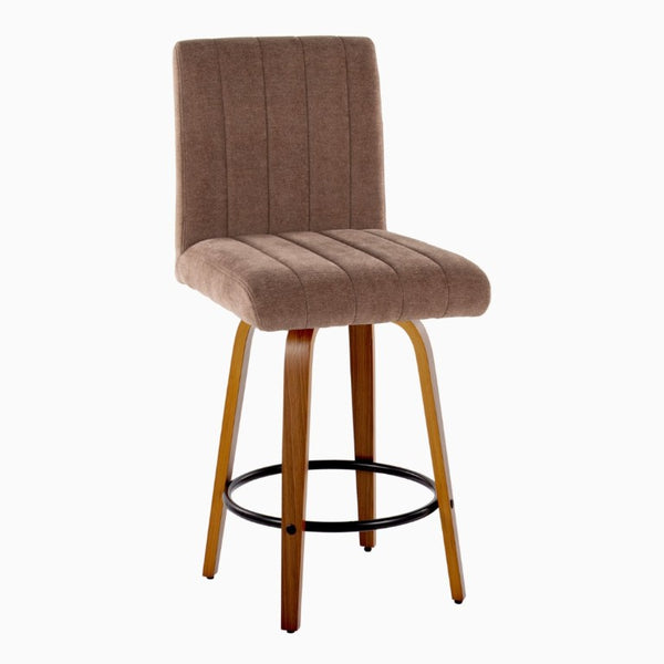English Elm 26 Inch Swivel Counter Stools Set of 2 with Fabric Seat Bent Wood Legs Metal Ring Walnut Brown B202S02240