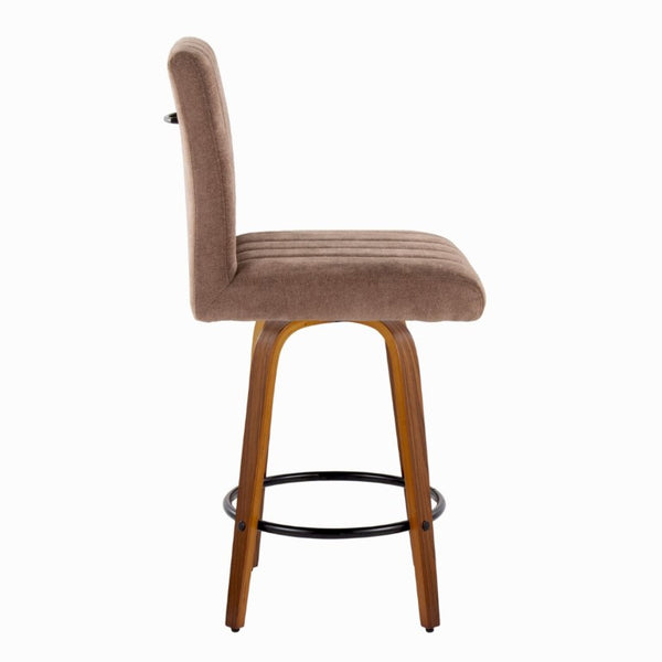 English Elm 26 Inch Swivel Counter Stools Set of 2 with Fabric Seat Bent Wood Legs Metal Ring Walnut Brown B202S02240