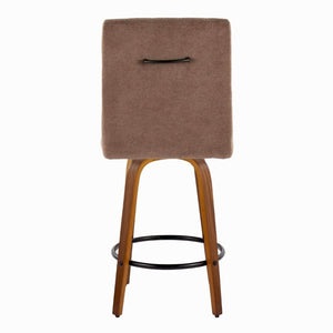 English Elm 26 Inch Swivel Counter Stools Set of 2 with Fabric Seat Bent Wood Legs Metal Ring Walnut Brown B202S02240