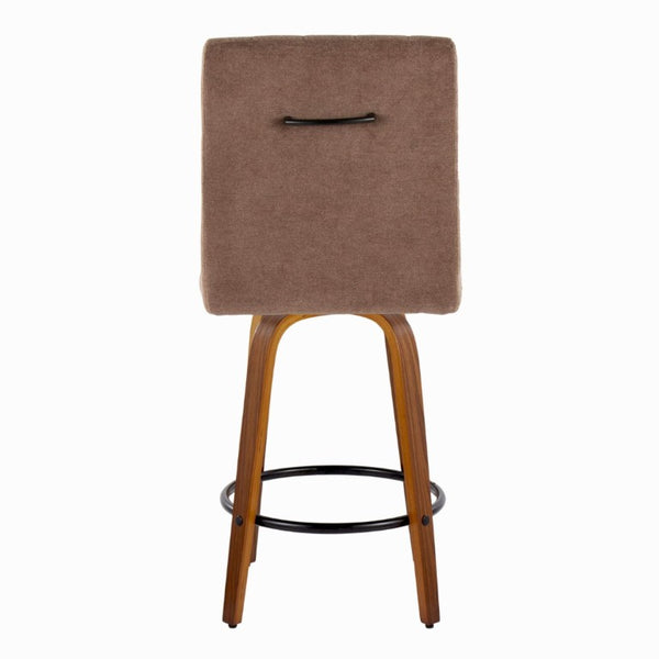 English Elm 26 Inch Swivel Counter Stools Set of 2 with Fabric Seat Bent Wood Legs Metal Ring Walnut Brown B202S02240