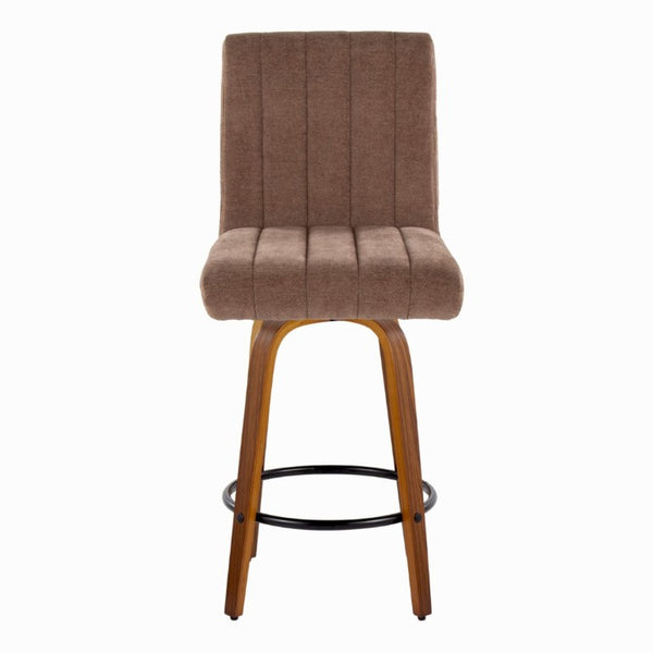 English Elm 26 Inch Swivel Counter Stools Set of 2 with Fabric Seat Bent Wood Legs Metal Ring Walnut Brown B202S02240