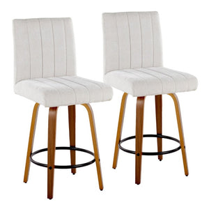 English Elm 26 Inch Swivel Counter Stools Set of 2 with Fabric Seat Bent Wood Legs Metal Ring Walnut Light Gray B202S02241
