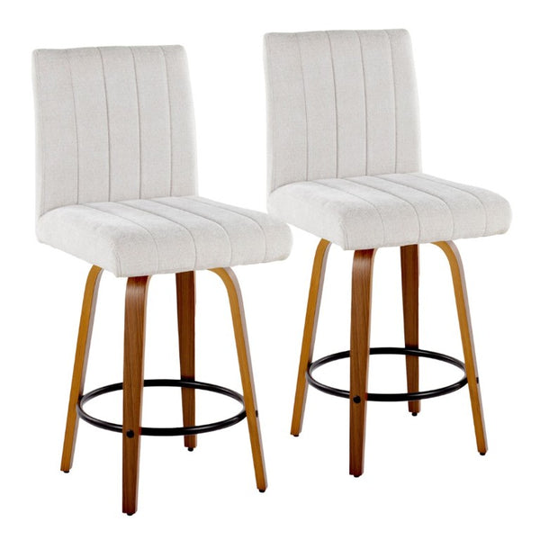 English Elm 26 Inch Swivel Counter Stools Set of 2 with Fabric Seat Bent Wood Legs Metal Ring Walnut Light Gray B202S02241