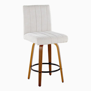 English Elm 26 Inch Swivel Counter Stools Set of 2 with Fabric Seat Bent Wood Legs Metal Ring Walnut Light Gray B202S02241