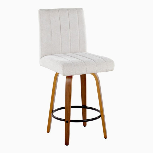 English Elm 26 Inch Swivel Counter Stools Set of 2 with Fabric Seat Bent Wood Legs Metal Ring Walnut Light Gray B202S02241