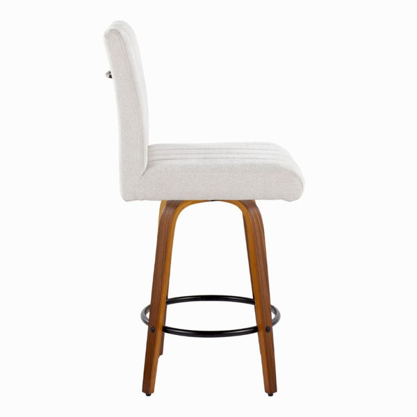 English Elm 26 Inch Swivel Counter Stools Set of 2 with Fabric Seat Bent Wood Legs Metal Ring Walnut Light Gray B202S02241