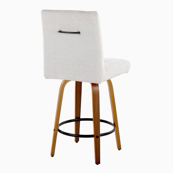 English Elm 26 Inch Swivel Counter Stools Set of 2 with Fabric Seat Bent Wood Legs Metal Ring Walnut Light Gray B202S02241