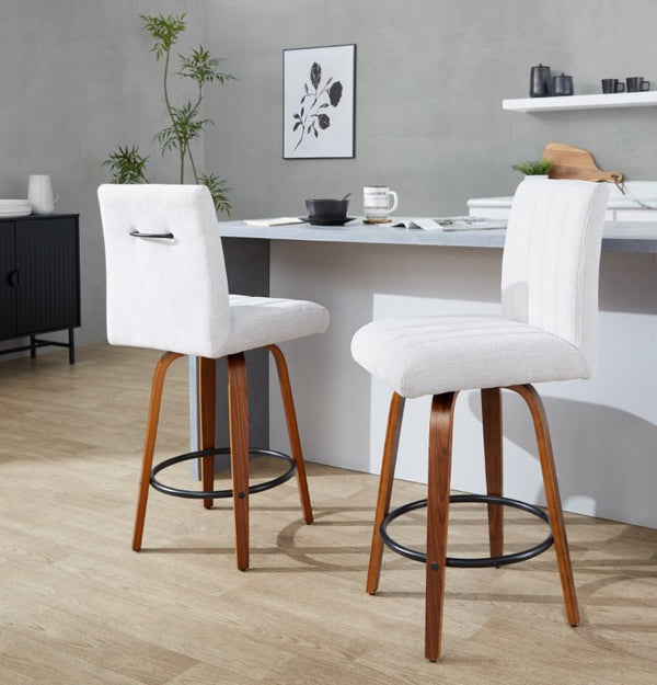 English Elm 26 Inch Swivel Counter Stools Set of 2 with Fabric Seat Bent Wood Legs Metal Ring Walnut Light Gray B202S02241