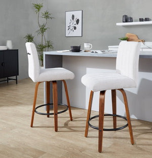 English Elm 26 Inch Swivel Counter Stools Set of 2 with Fabric Seat Bent Wood Legs Metal Ring Walnut Light Gray B202S02241