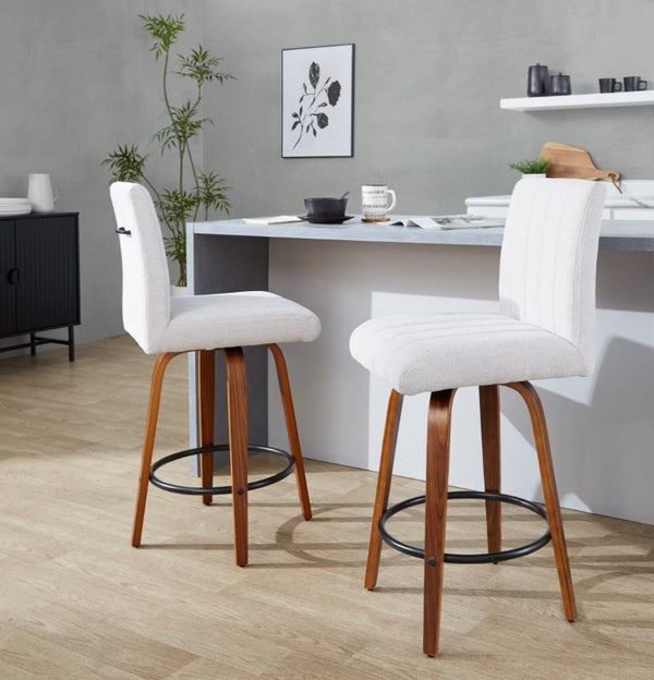 English Elm 26 Inch Swivel Counter Stools Set of 2 with Fabric Seat Bent Wood Legs Metal Ring Walnut Light Gray B202S02241