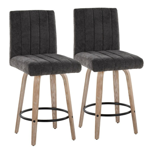 English Elm 26 Inch Swivel Counter Stools Set of 2 with Fabric Seat Bent Wood Legs Metal Ring Whitewashed Dark Grey B202S02242